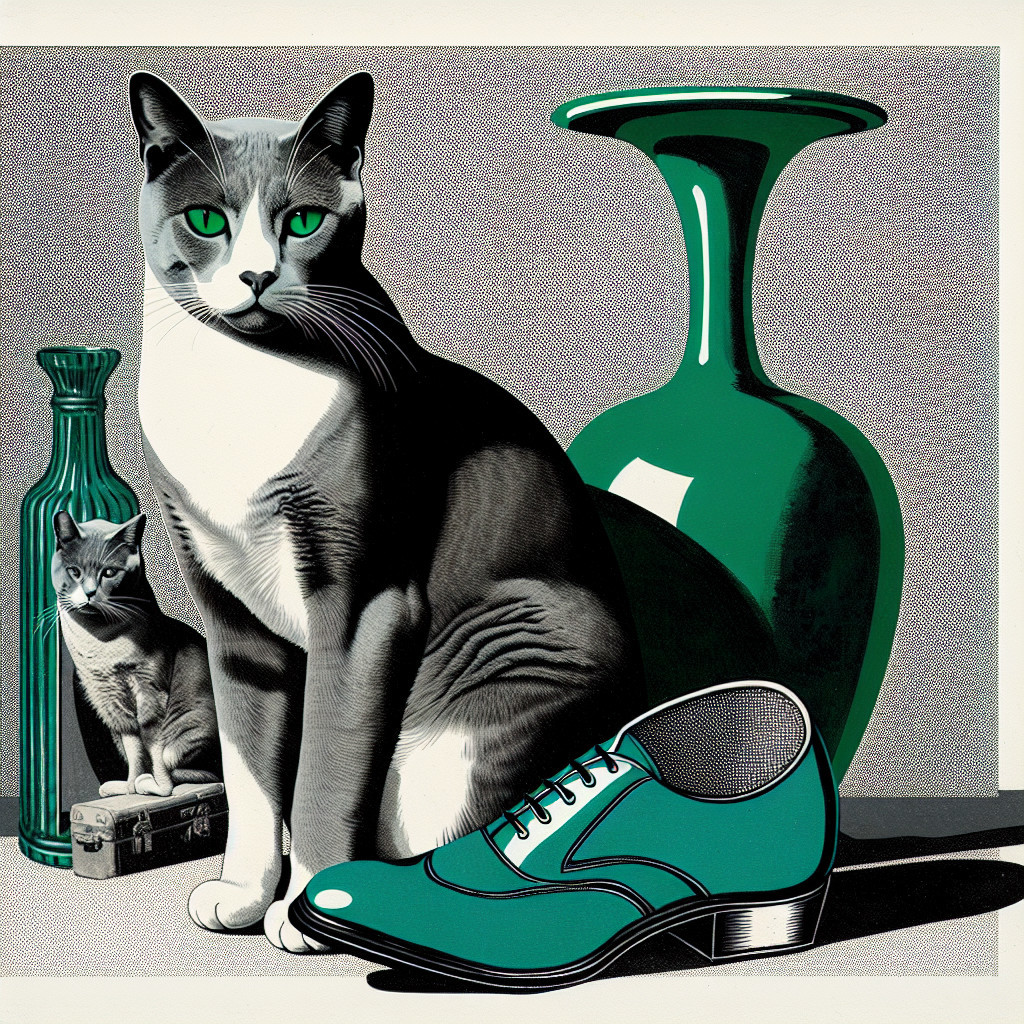Illustration of Cats with Green Vase and Teal Shoe
