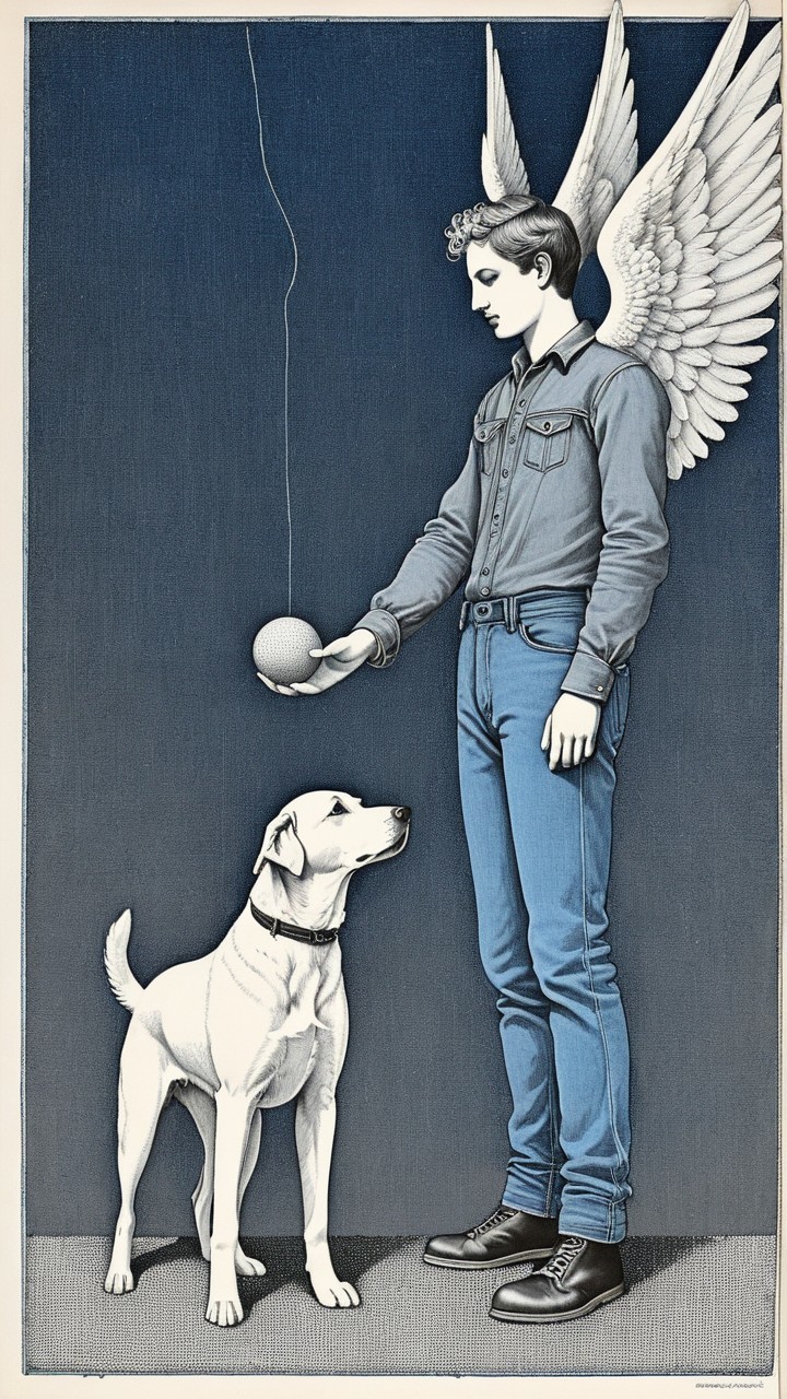 Young Boy with Wings and Labrador in Blue Tone