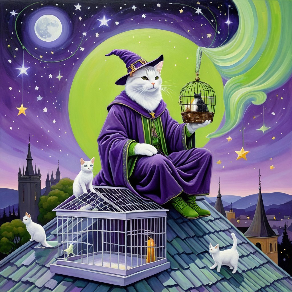 White Cat in Wizard Robe on Rooftop with Kittens