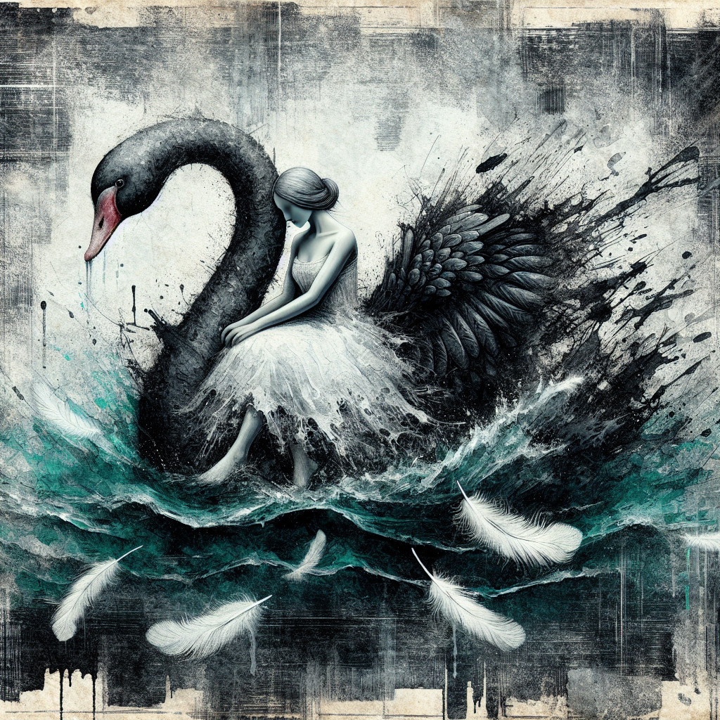 Surreal Artwork of Figure and Black Swan in Turbulent Waters