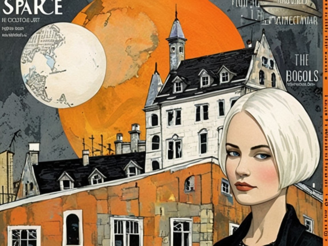 Stylized Cover with Woman, Orange Moon, Cityscape