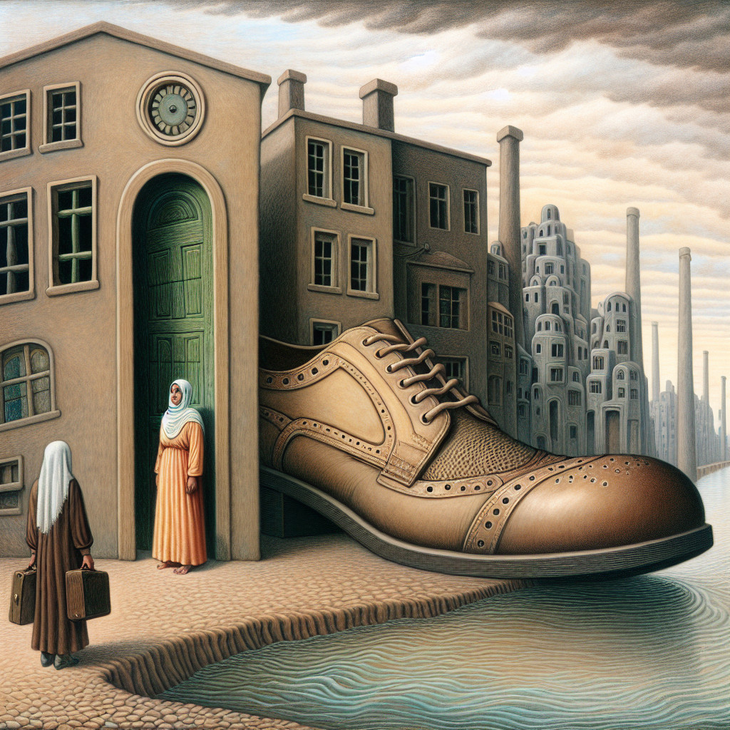Colossal Brown Shoe in Surreal City Landscape