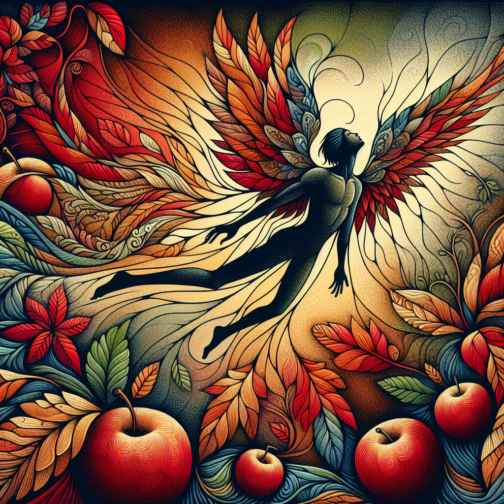 Silhouetted Figure with Feathered Wings in Nature Scene