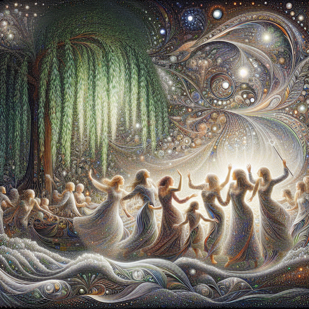 Ethereal Figures Dancing Under a Cosmic Willow Tree