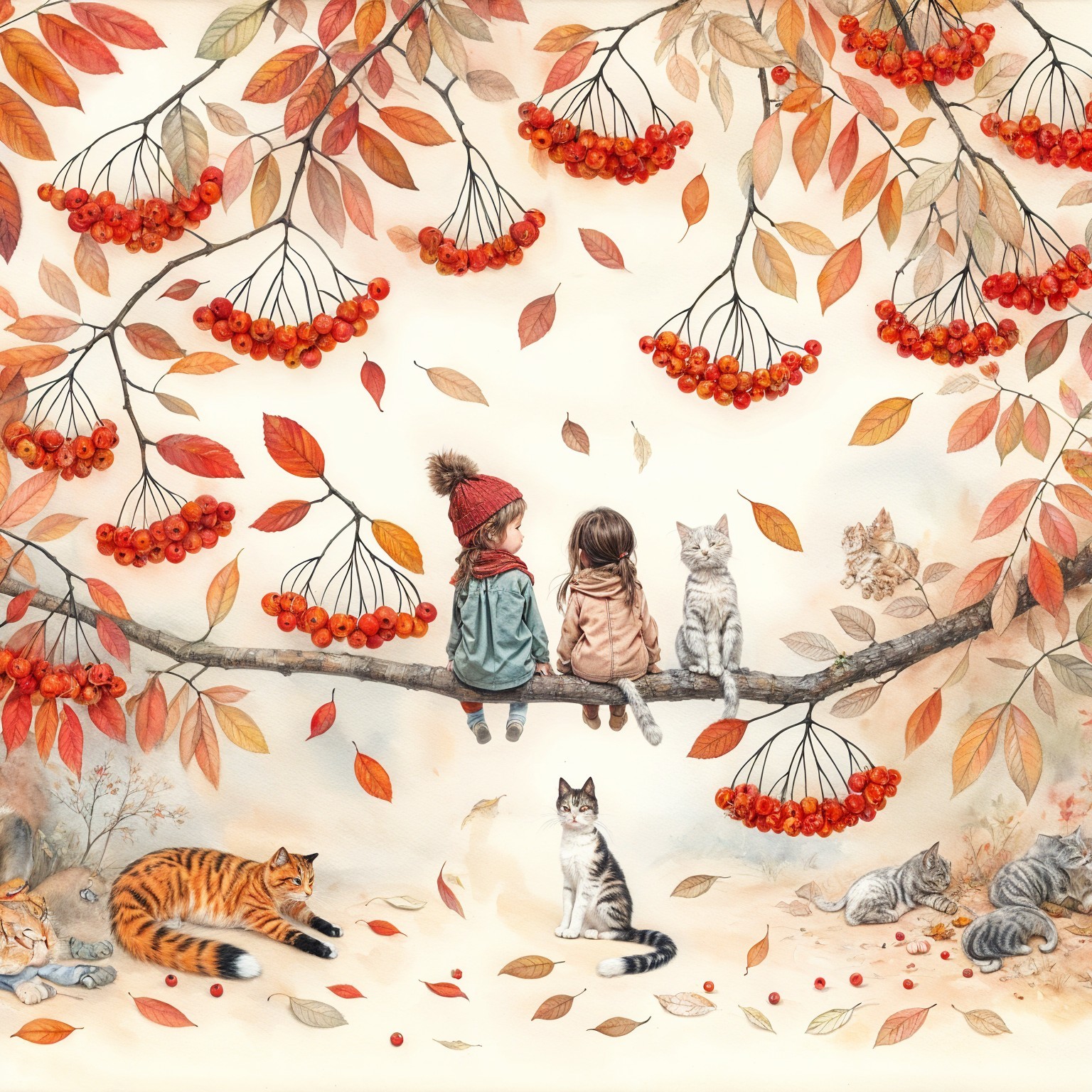 Whimsical Autumn Scene with Girls and Cats on Branch