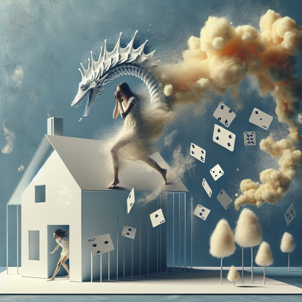 Surreal Scene of Woman, Dragon, and Floating Cards