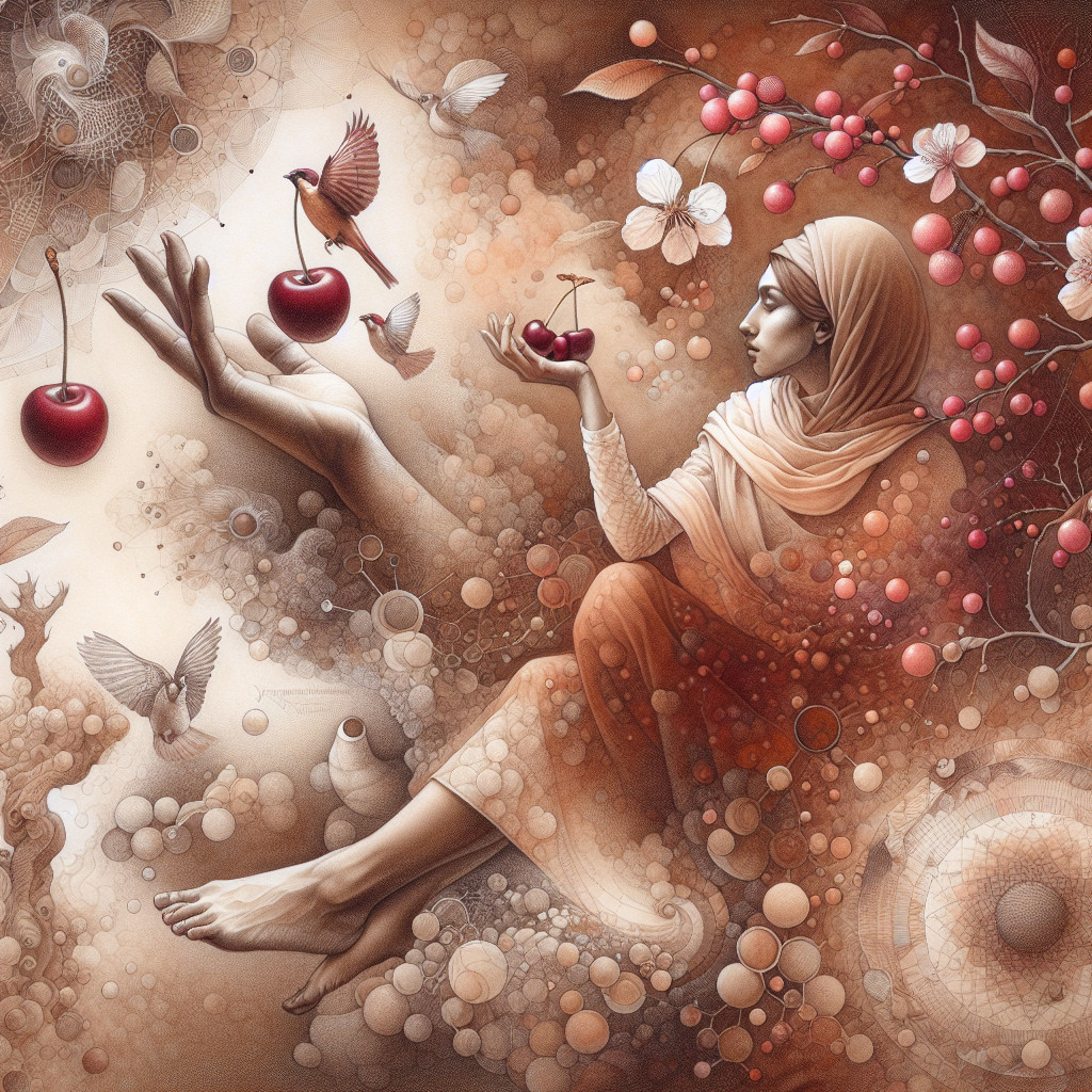 Serene Figure with Cherries and Birds in Dreamlike Scene