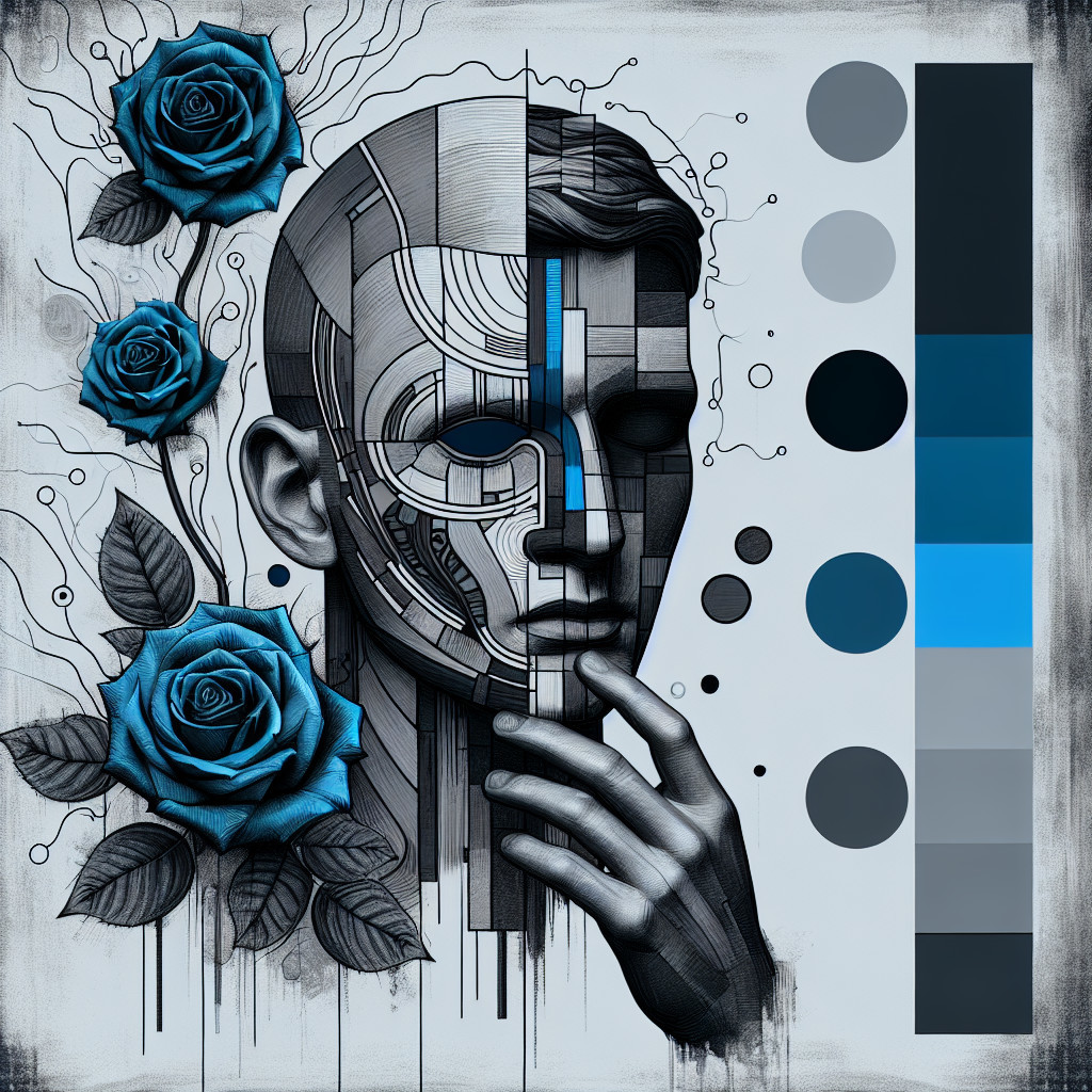 Half-Human, Half-Cybernetic Face with Blue Roses