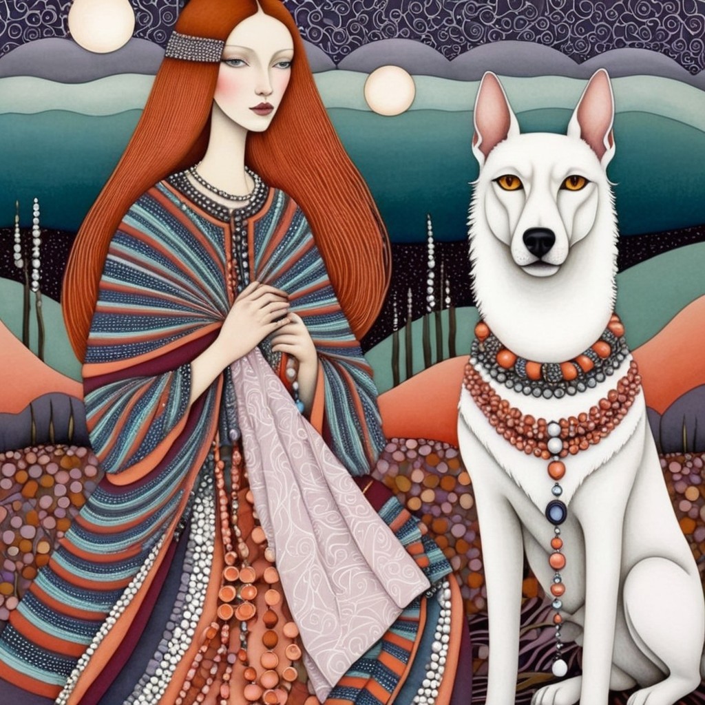 Woman with Red Hair and White Dog in Dreamlike Setting