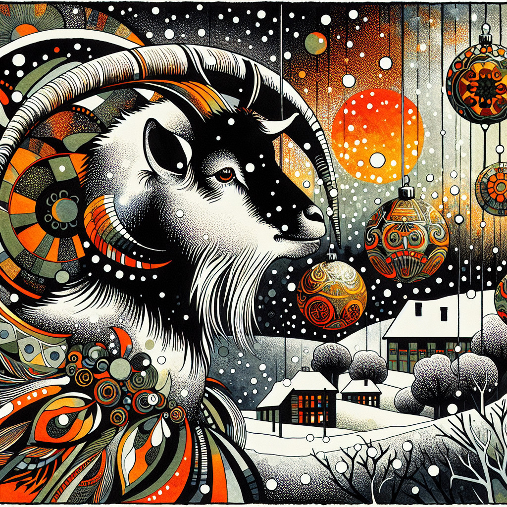 Whimsical Winter Scene with Stylized Goat and Sunset