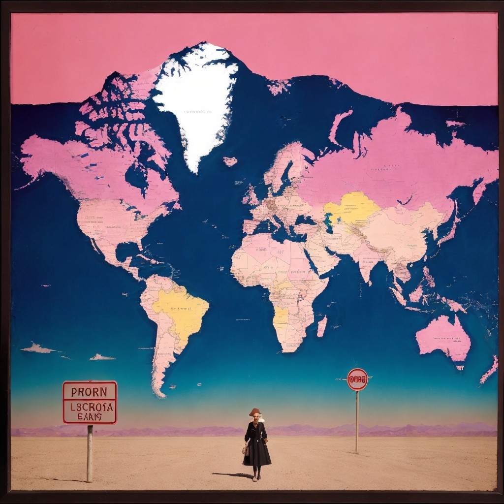 Abstract World Map Artwork with Pink Sky and Figure