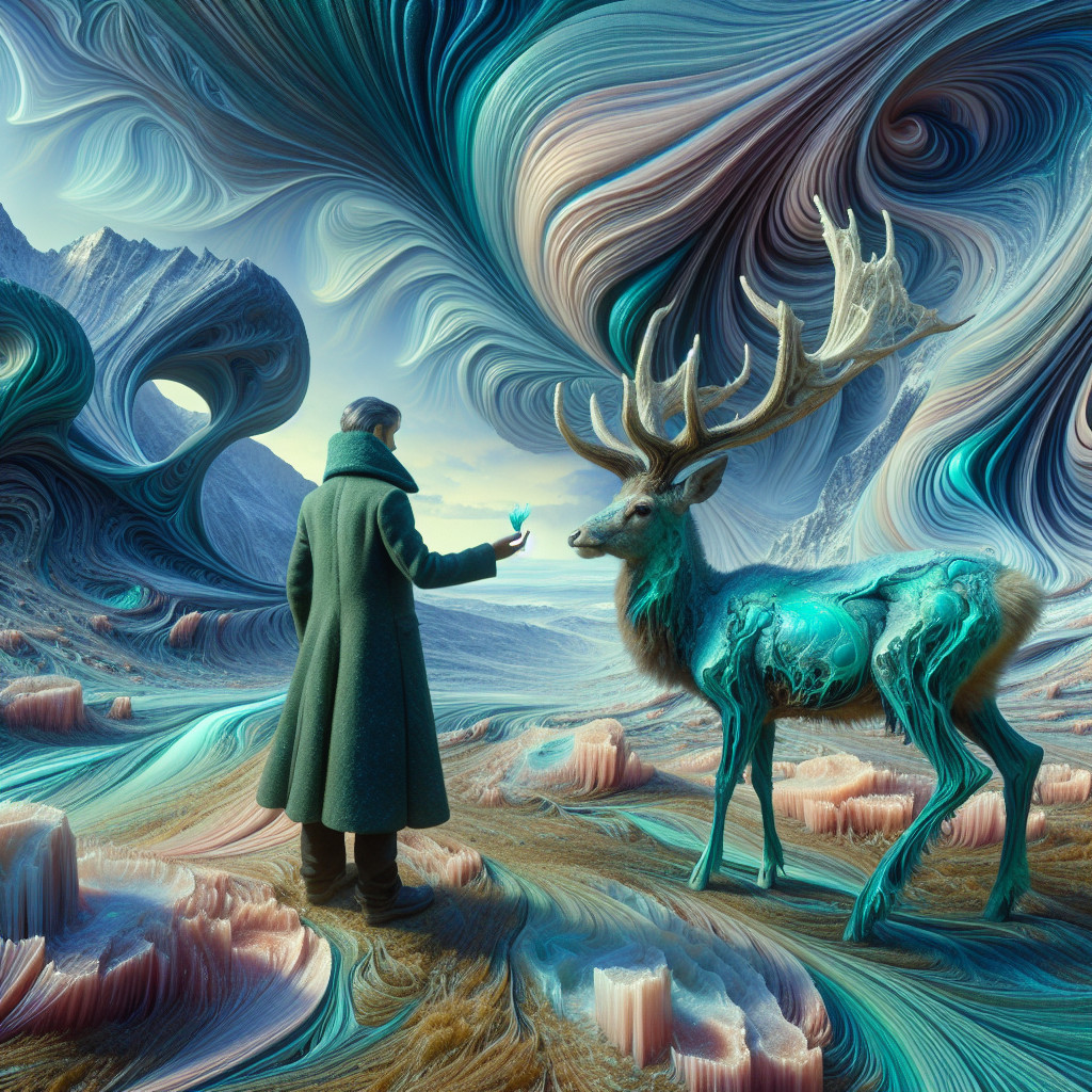 Surreal Landscape with Figure, Deer, and Butterfly