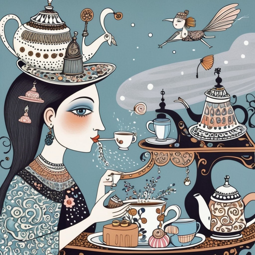 Whimsical Illustration of Woman with Teapot and Tea