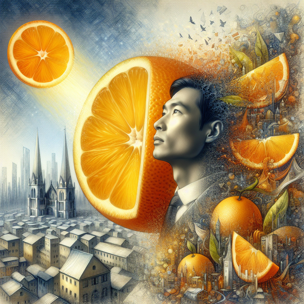 Surreal Urban Scene with Giant Orange and Sunlight