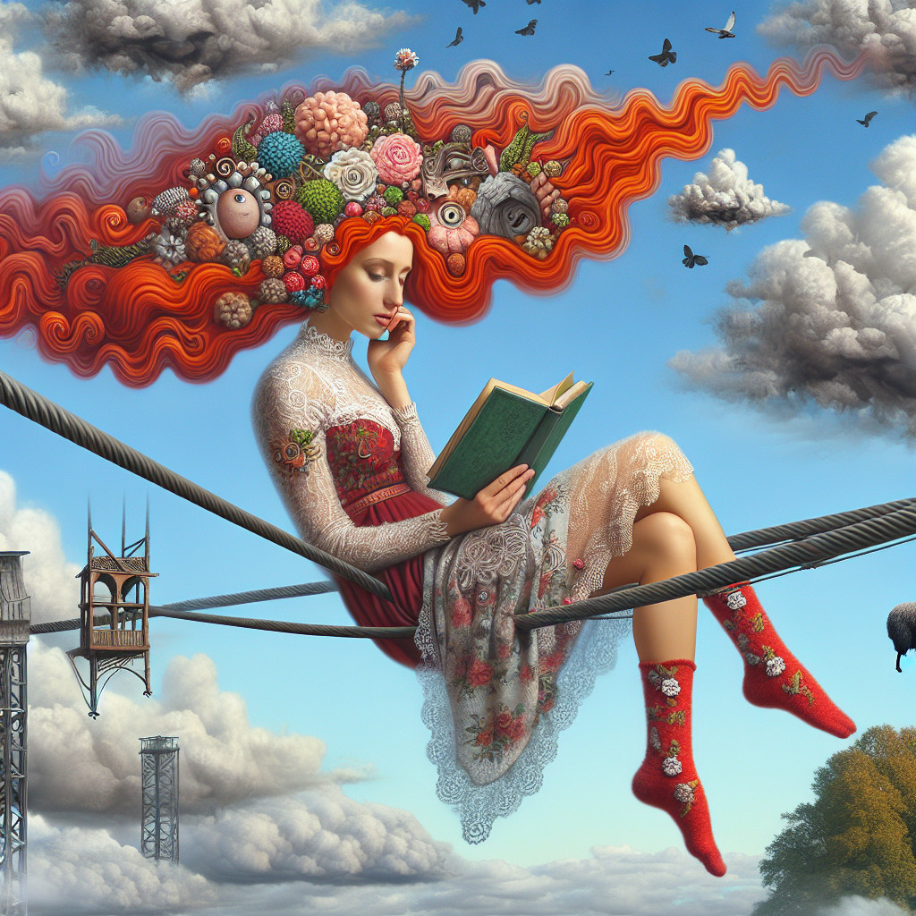 Woman on tightrope reading in a surreal sky setting