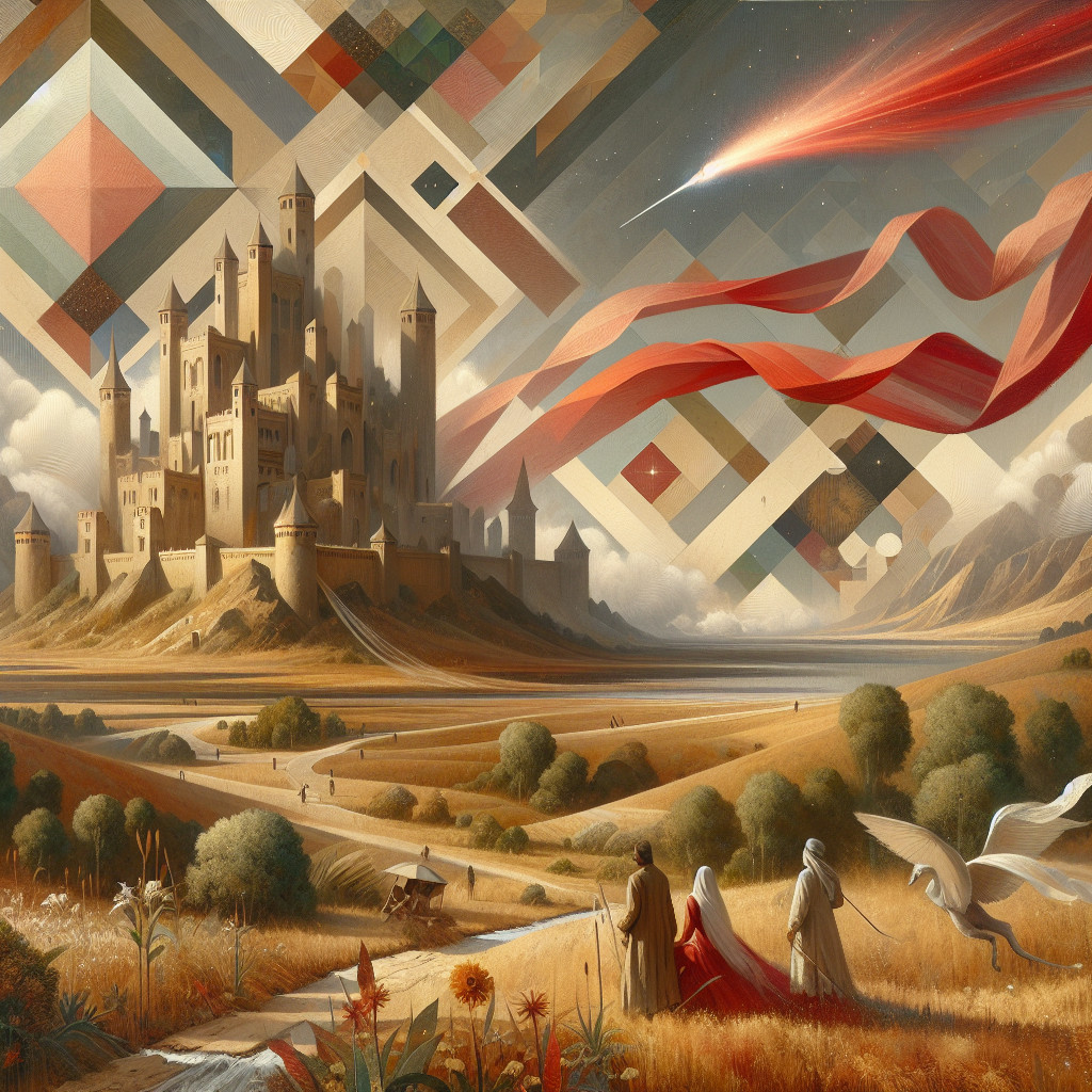 Majestic castle in vibrant landscape with travelers