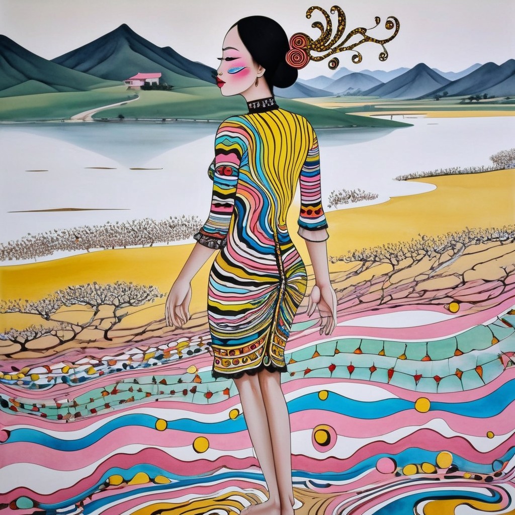 Graceful Figure by Tranquil Water in Vibrant Dress