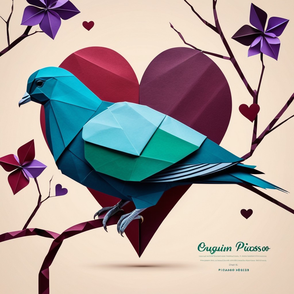 Geometric Paper Art of Bird with Heart and Blossoms