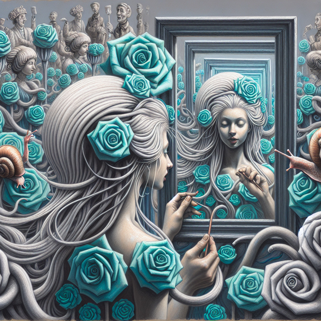 Surreal Scene of Woman with Turquoise Roses and Snails