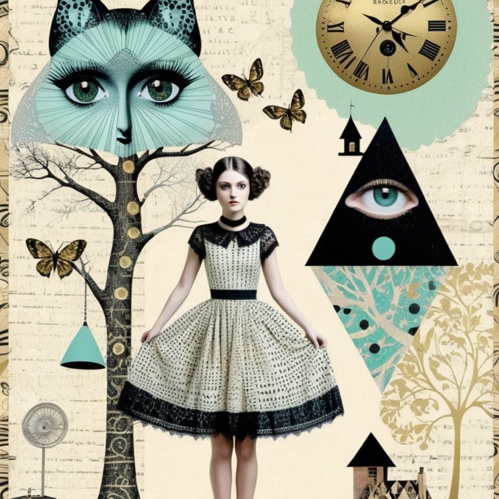 Whimsical Collage with Vintage Girl and Abstract Elements