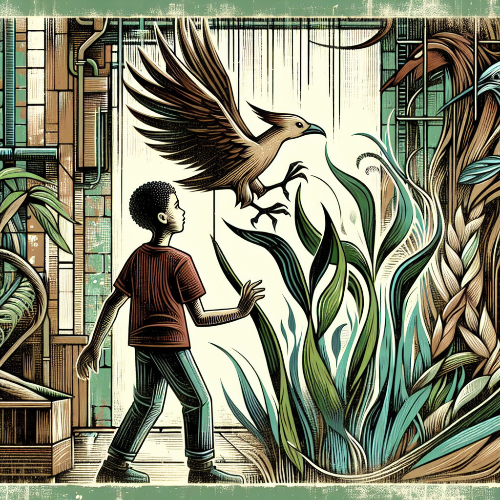 Young Boy Observing Bird in Lush Green Environment