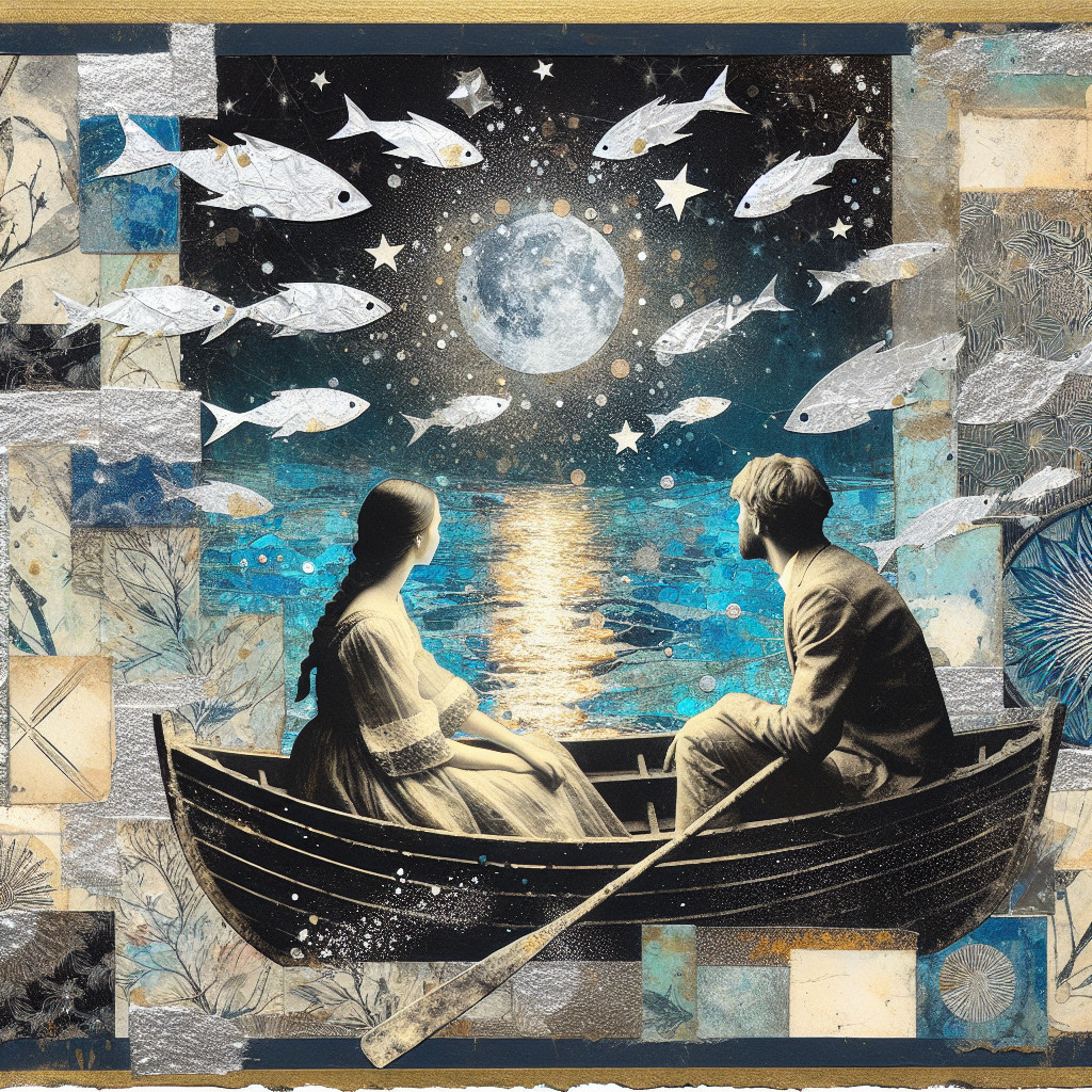 Couple in Rowboat Under Full Moon on Tranquil Lake