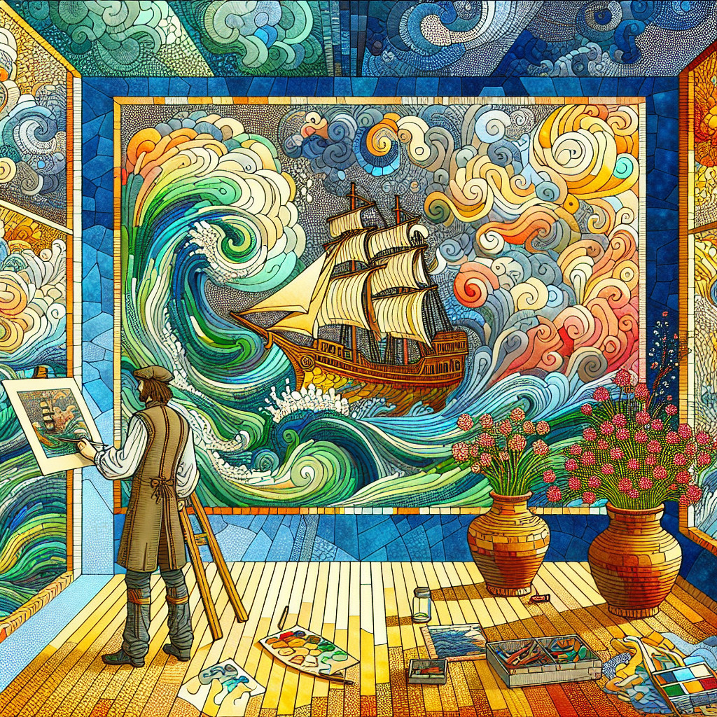 Colorful Artist Painting Seascape in Dynamic Room