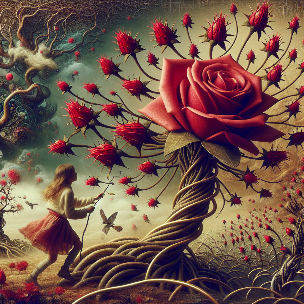 Whimsical Scene of a Girl and Giant Rose in Fantasy