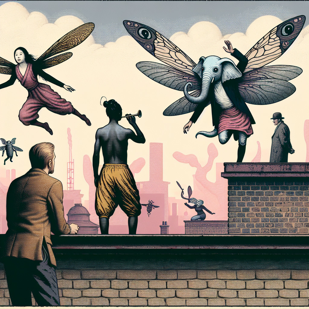 Surreal Urban Scene with Winged Creatures and Cityscape