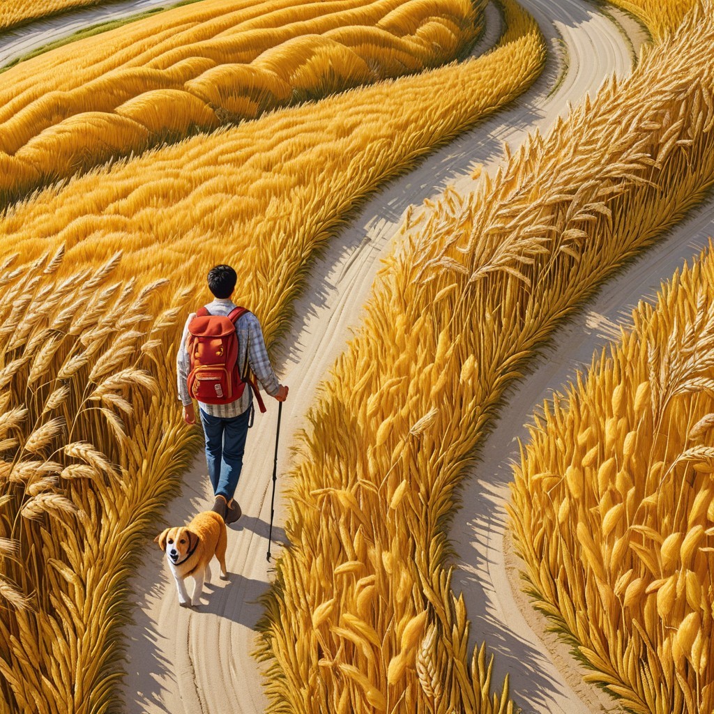 Person with red backpack walking in wheat fields