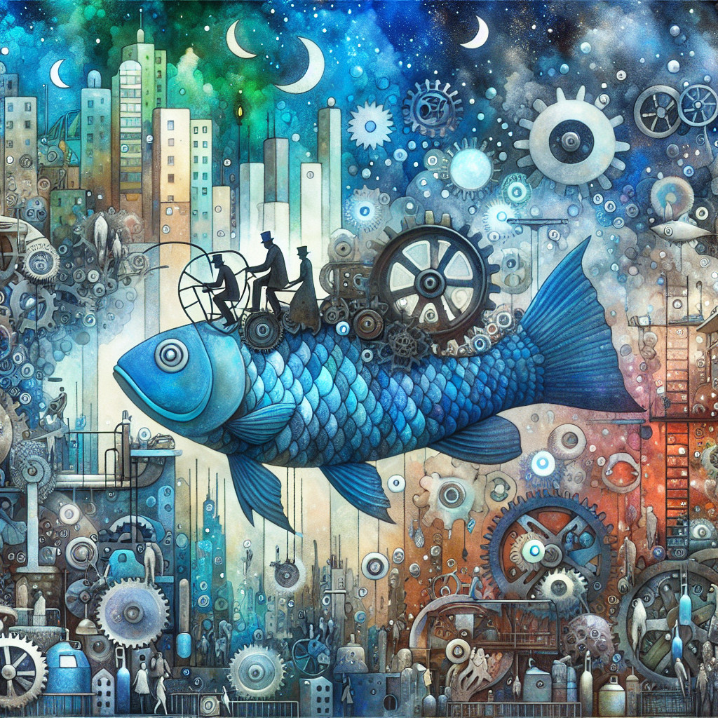Whimsical Blue Fish Over Surreal Steampunk Cityscape