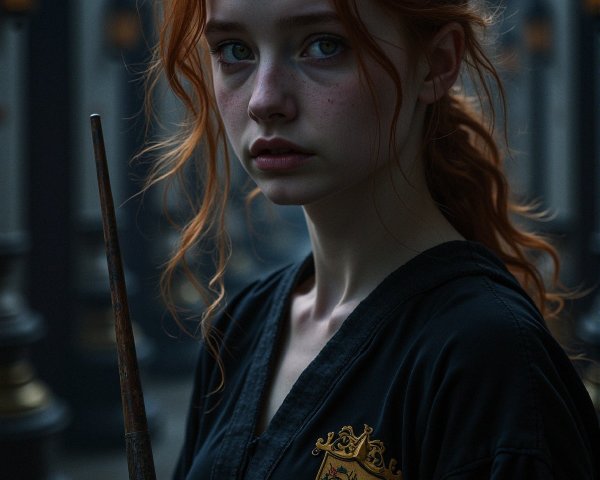 Young Woman with Red Hair in Dim Alley Holding Wand