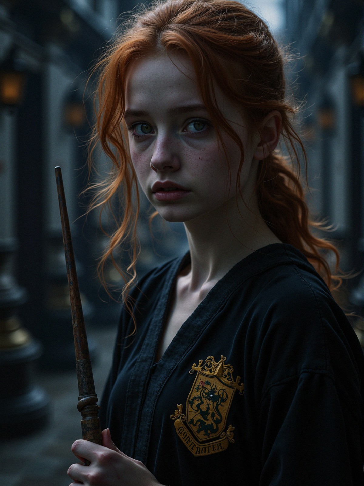 Young Woman with Red Hair in Dim Alley Holding Wand