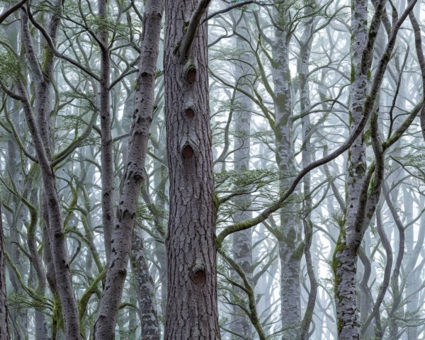 Dense Misty Forest with Tall Trees and Moss
