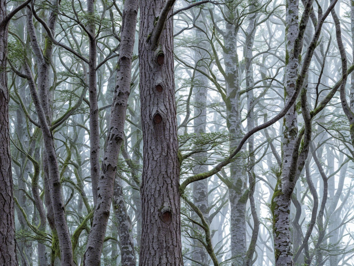 Dense Misty Forest with Tall Trees and Moss