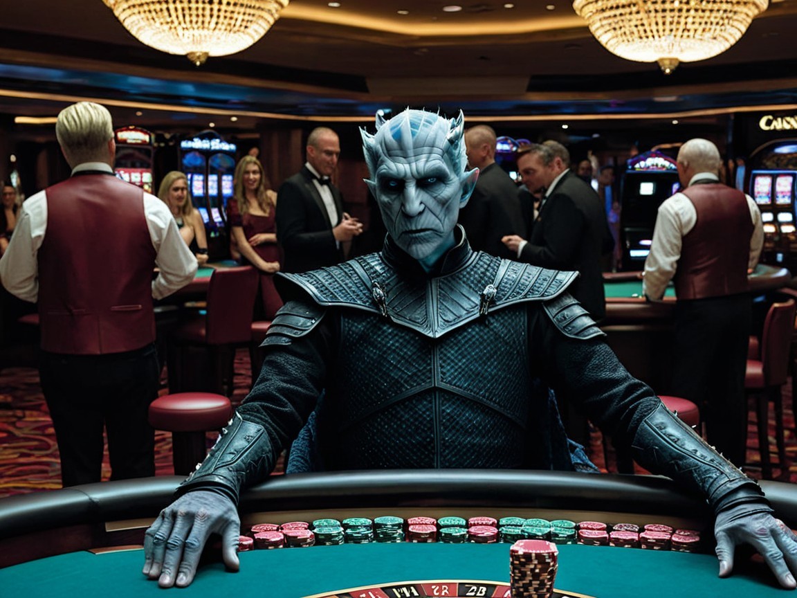 Blue-Skinned Character at Tense Casino Poker Table