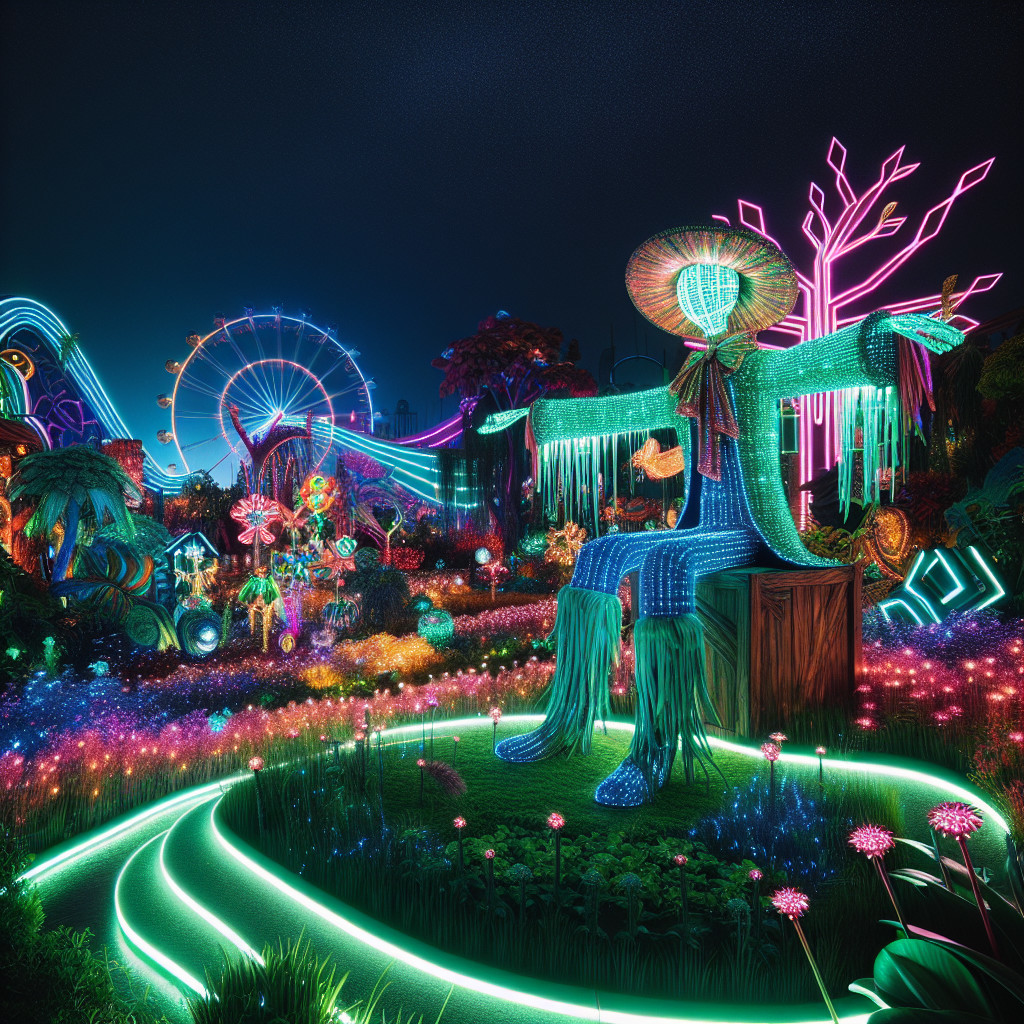 Illuminated Night Garden with Glowing Scarecrow and Lights