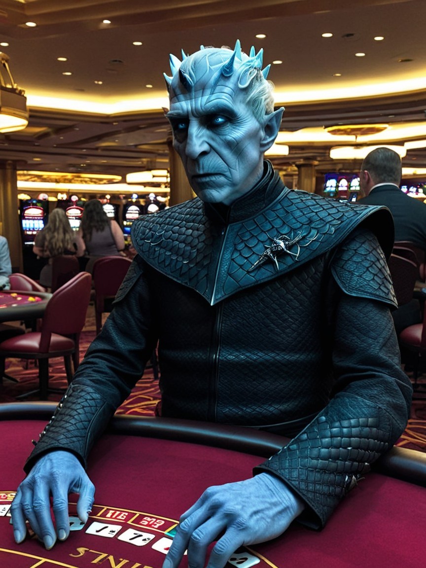 Tall Figure at Poker Table in Bustling Casino