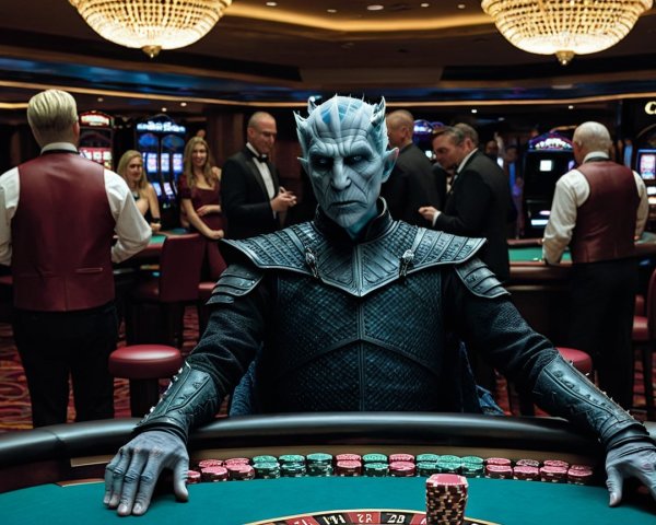 Blue-Skinned Character at Tense Casino Poker Table
