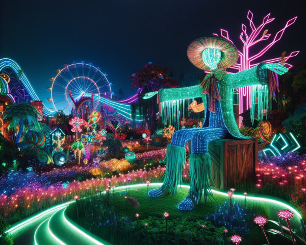 Illuminated Night Garden with Glowing Scarecrow and Lights
