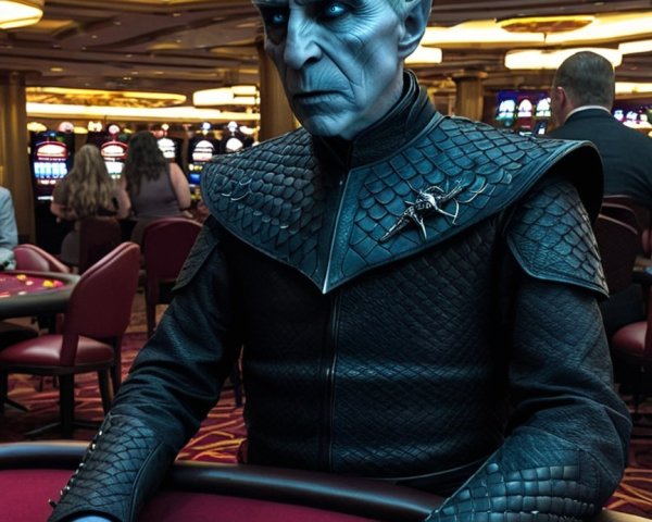 Tall Figure at Poker Table in Bustling Casino