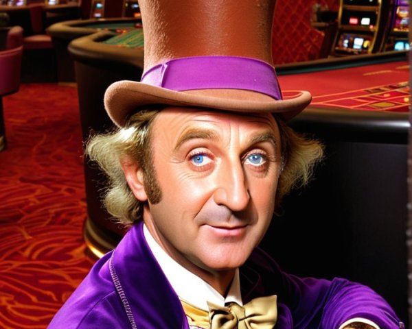 Whimsical Character at Casino Table in Vibrant Attire