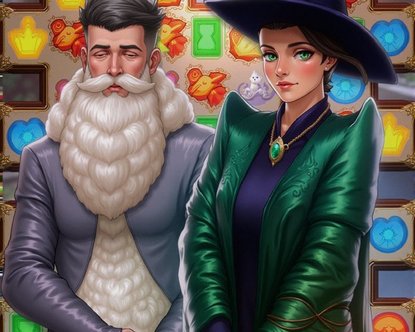 Characters in Festive Setting with Game Symbols
