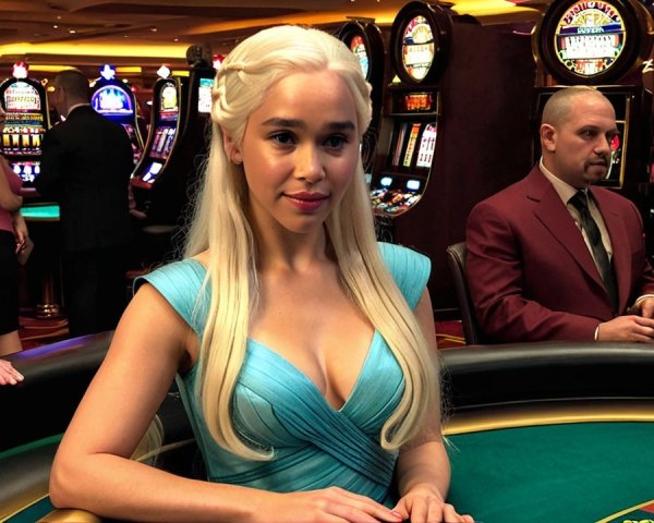 Elegant Woman at Casino Gaming Table in Vibrant Setting
