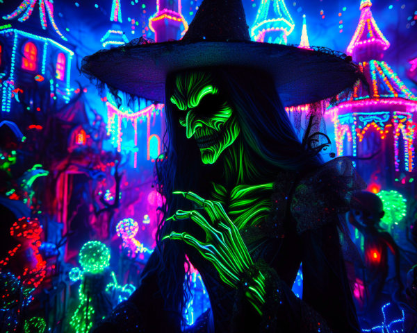 Sinister Witch in Neon Landscape with Eerie Castles