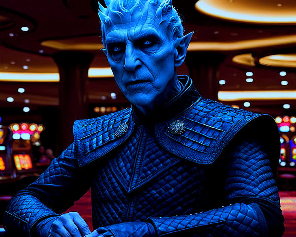 Mysterious Figure at Casino Table with Blue Skin