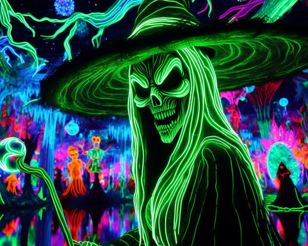 Sinister Witch in Neon-Lit Halloween Scene