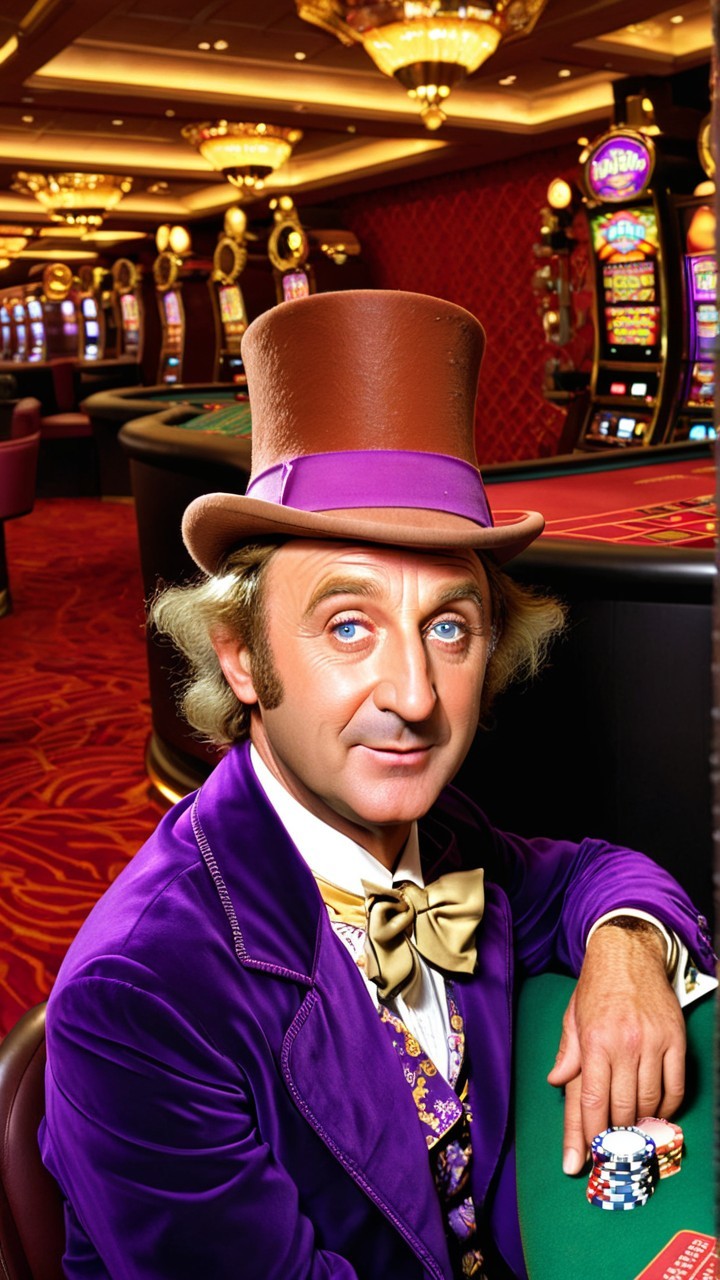 Whimsical Character at Casino Table in Vibrant Attire