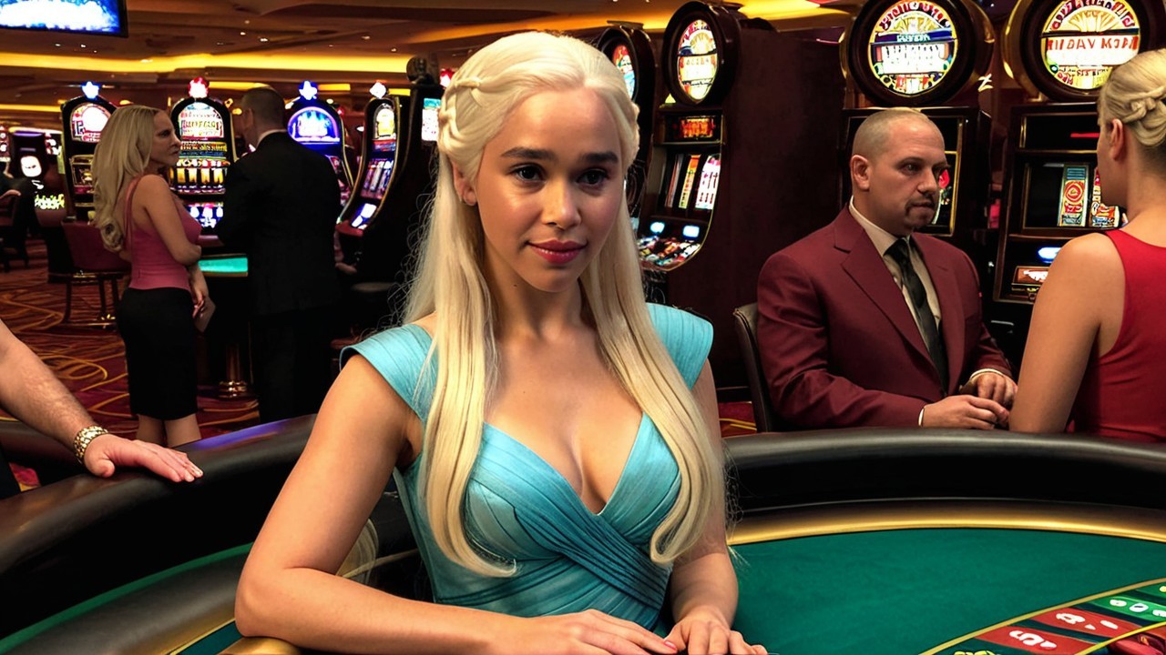 Elegant Woman at Casino Gaming Table in Vibrant Setting
