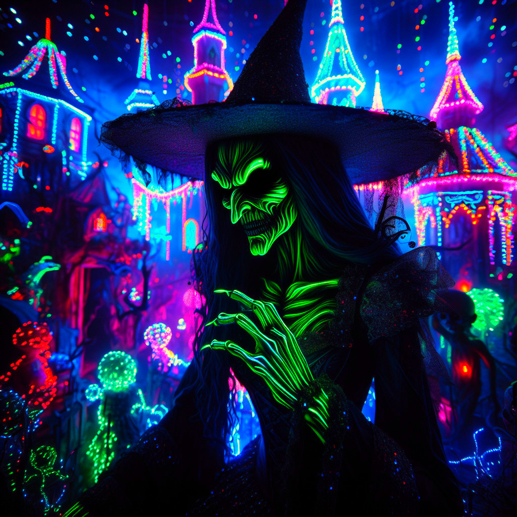 Sinister Witch in Neon Landscape with Eerie Castles